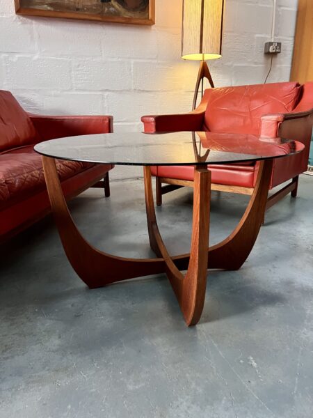 Mid Century Glass and Teak Circular Round Coffee Table