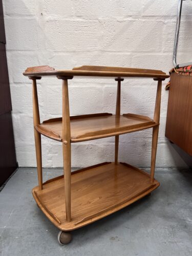 1980s Ercol 458 Windsor Elm & Beech Blond 3 Tier Hostess Drinks Trolley