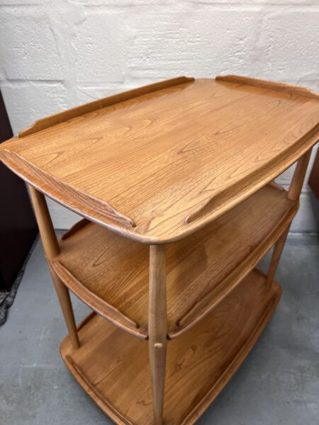 1980s Ercol 458 Windsor Elm & Beech Blond 3 Tier Hostess Drinks Trolley