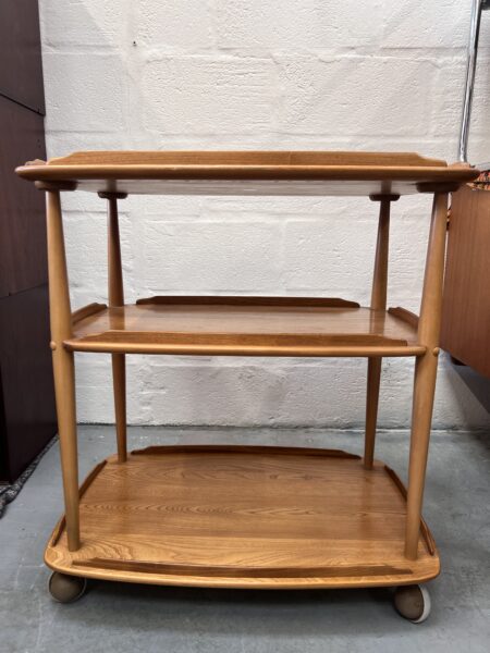 1980s Ercol 458 Windsor Elm & Beech Blond 3 Tier Hostess Drinks Trolley