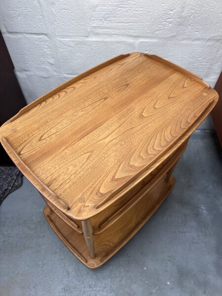 1980s Ercol 458 Windsor Elm & Beech Blond 3 Tier Hostess Drinks Trolley