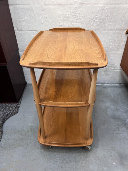 1980s Ercol 458 Windsor Elm & Beech Blond 3 Tier Hostess Drinks Trolley