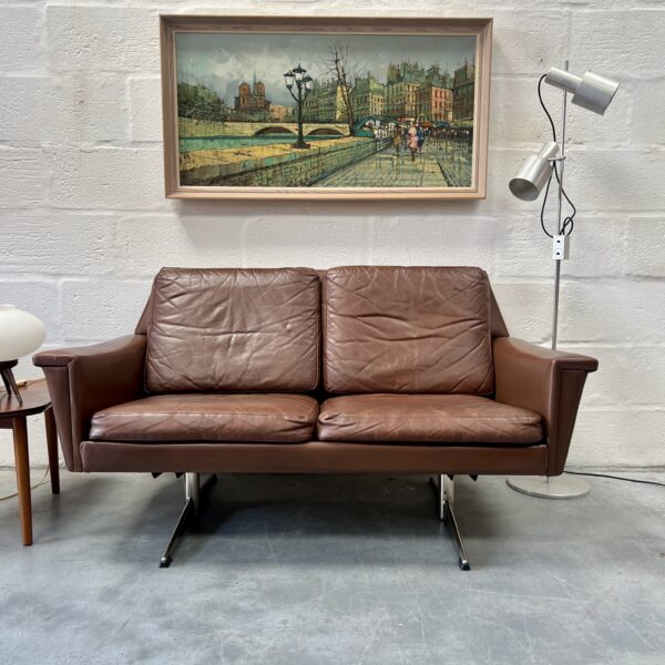 Vintage Two Seater Faux Leather Sofa in The Manner of Bramin