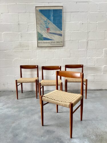 4 x Danish Teak & Papercord Dining Chairs by H. W. Klein for Bramin, 1960s