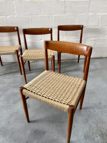 4 x Danish Teak & Papercord Dining Chairs by H. W. Klein for Bramin, 1960s