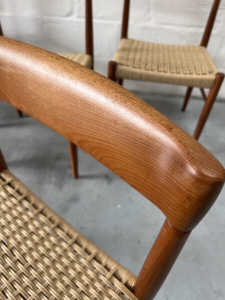 4 x Danish Teak & Papercord Dining Chairs by H. W. Klein for Bramin, 1960s