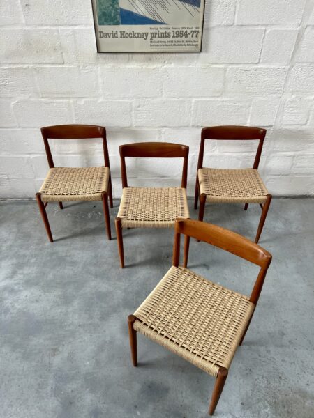 4 x Danish Teak & Papercord Dining Chairs by H. W. Klein for Bramin, 1960s