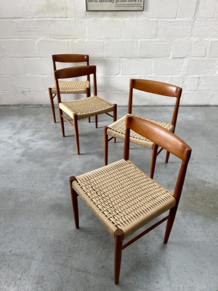 4 x Danish Teak & Papercord Dining Chairs by H. W. Klein for Bramin, 1960s