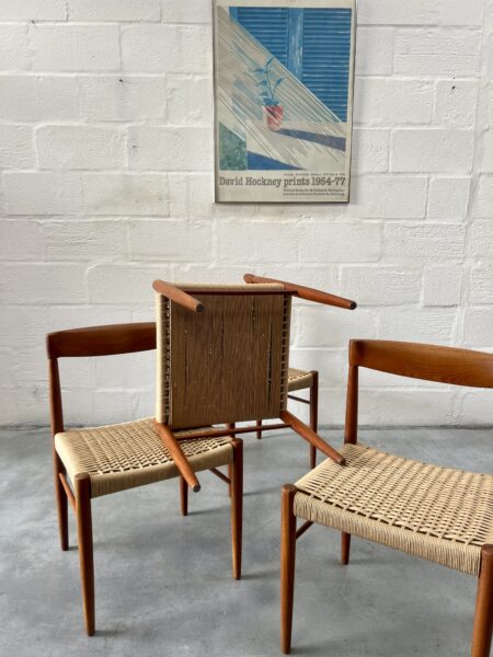 4 x Danish Teak & Papercord Dining Chairs by H. W. Klein for Bramin, 1960s