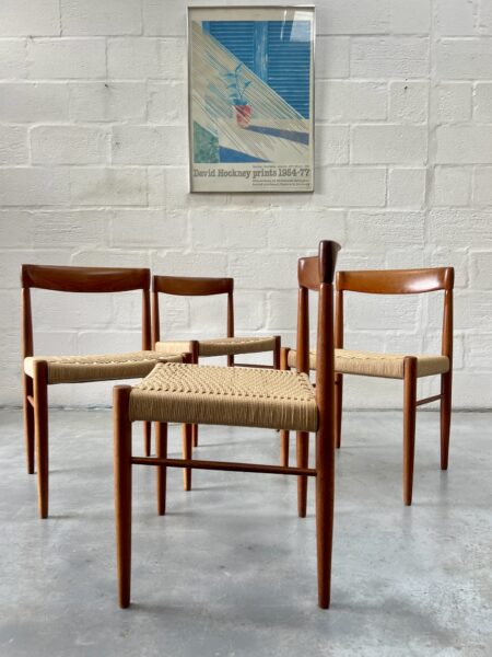 4 x Danish Teak & Papercord Dining Chairs by H. W. Klein for Bramin, 1960s