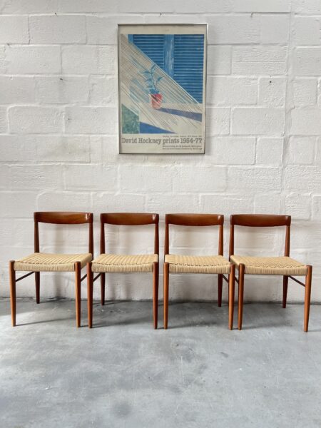 4 x Danish Teak & Papercord Dining Chairs by H. W. Klein for Bramin, 1960s