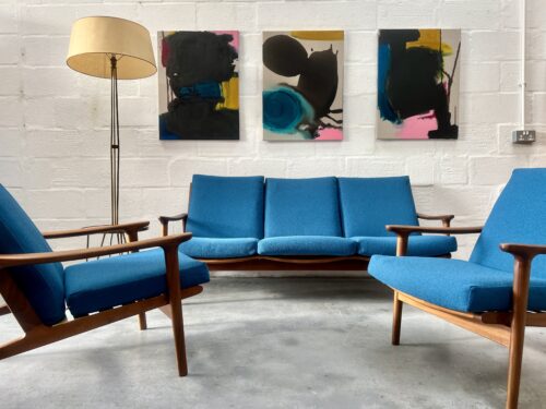 1960s Guy Rogers 'New Yorker' 3 Piece Suite, Newly Upholstered in Blue Boucle