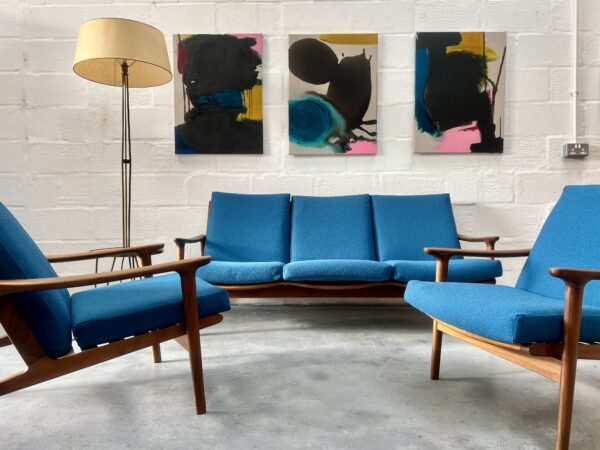 1960s Guy Rogers 'New Yorker' 3 Piece Suite, Newly Upholstered in Blue Boucle