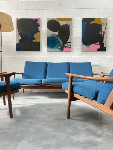 1960s Guy Rogers 'New Yorker' 3 Piece Suite, Newly Upholstered in Blue Boucle