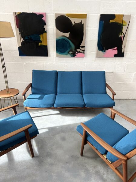 1960s Guy Rogers 'New Yorker' 3 Piece Suite, Newly Upholstered in Blue Boucle