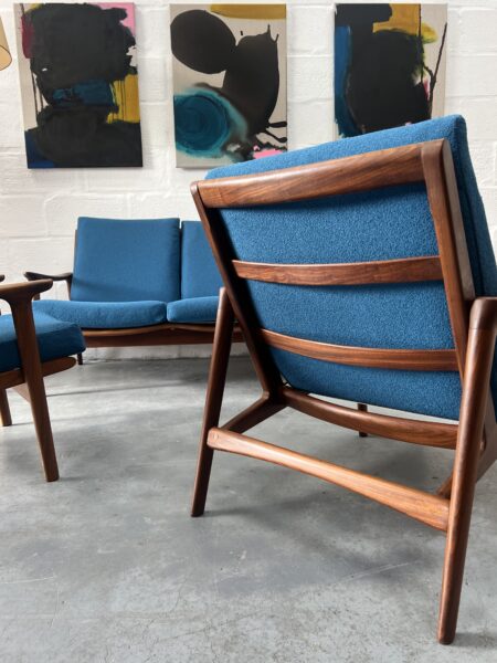 1960s Guy Rogers 'New Yorker' 3 Piece Suite, Newly Upholstered in Blue Boucle