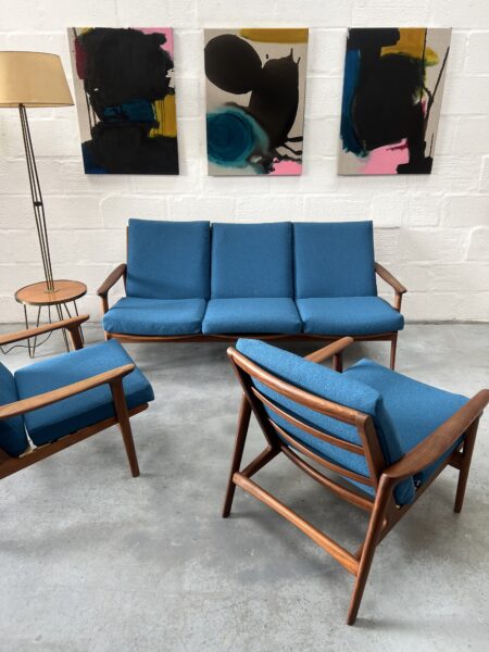 1960s Guy Rogers 'New Yorker' 3 Piece Suite, Newly Upholstered in Blue Boucle