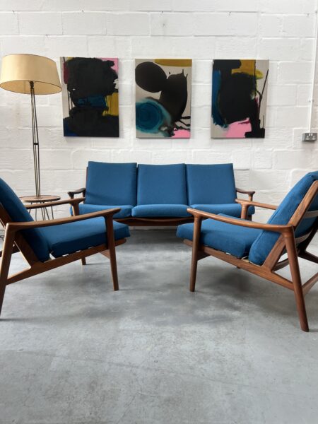 1960s Guy Rogers 'New Yorker' 3 Piece Suite, Newly Upholstered in Blue Boucle