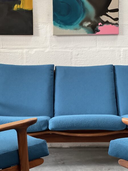1960s Guy Rogers 'New Yorker' 3 Piece Suite, Newly Upholstered in Blue Boucle