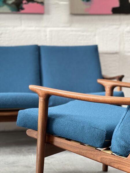 1960s Guy Rogers 'New Yorker' 3 Piece Suite, Newly Upholstered in Blue Boucle