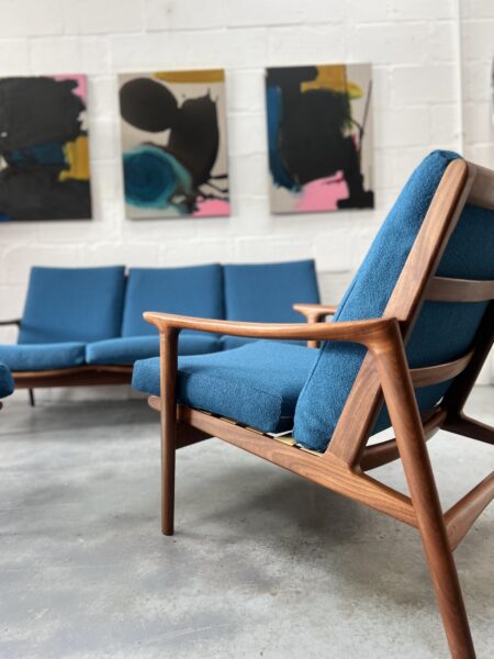 1960s Guy Rogers 'New Yorker' 3 Piece Suite, Newly Upholstered in Blue Boucle