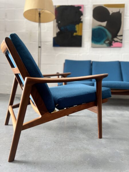 1960s Guy Rogers 'New Yorker' 3 Piece Suite, Newly Upholstered in Blue Boucle