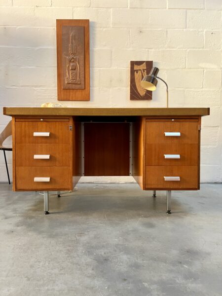 Large 1960s Two Pedestal Desk with Faux Leather Top - For RestorationLarge 1960s Two Pedestal Desk with Faux Leather Top - For Restoration