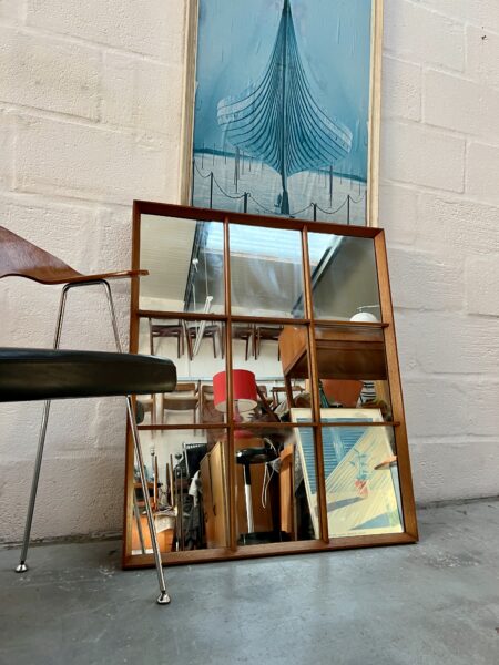 Large Nine Panelled Retro Teak Framed Mirror 1970s