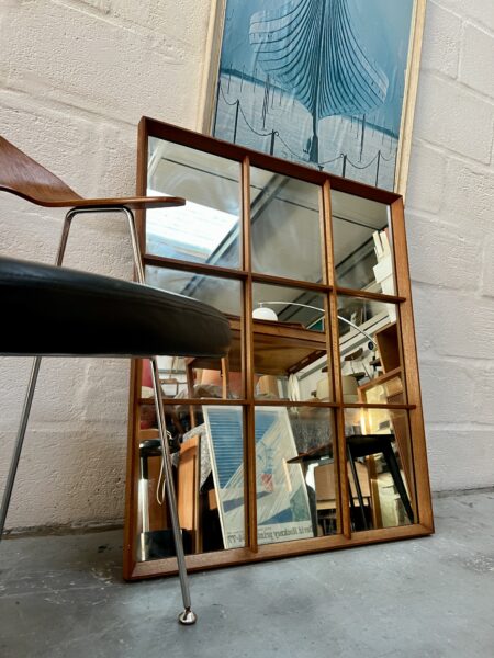 Large Nine Panelled Retro Teak Framed Mirror 1970s