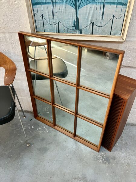 Large Nine Panelled Retro Teak Framed Mirror 1970s